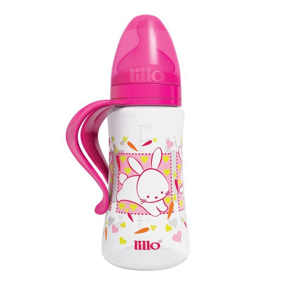 Encontraproduto.com.br - Mamadeira Lillo Desing Fashion Com Alça Bico Ortodôntico Silicone Rosa Tamanho 2 com 300ml