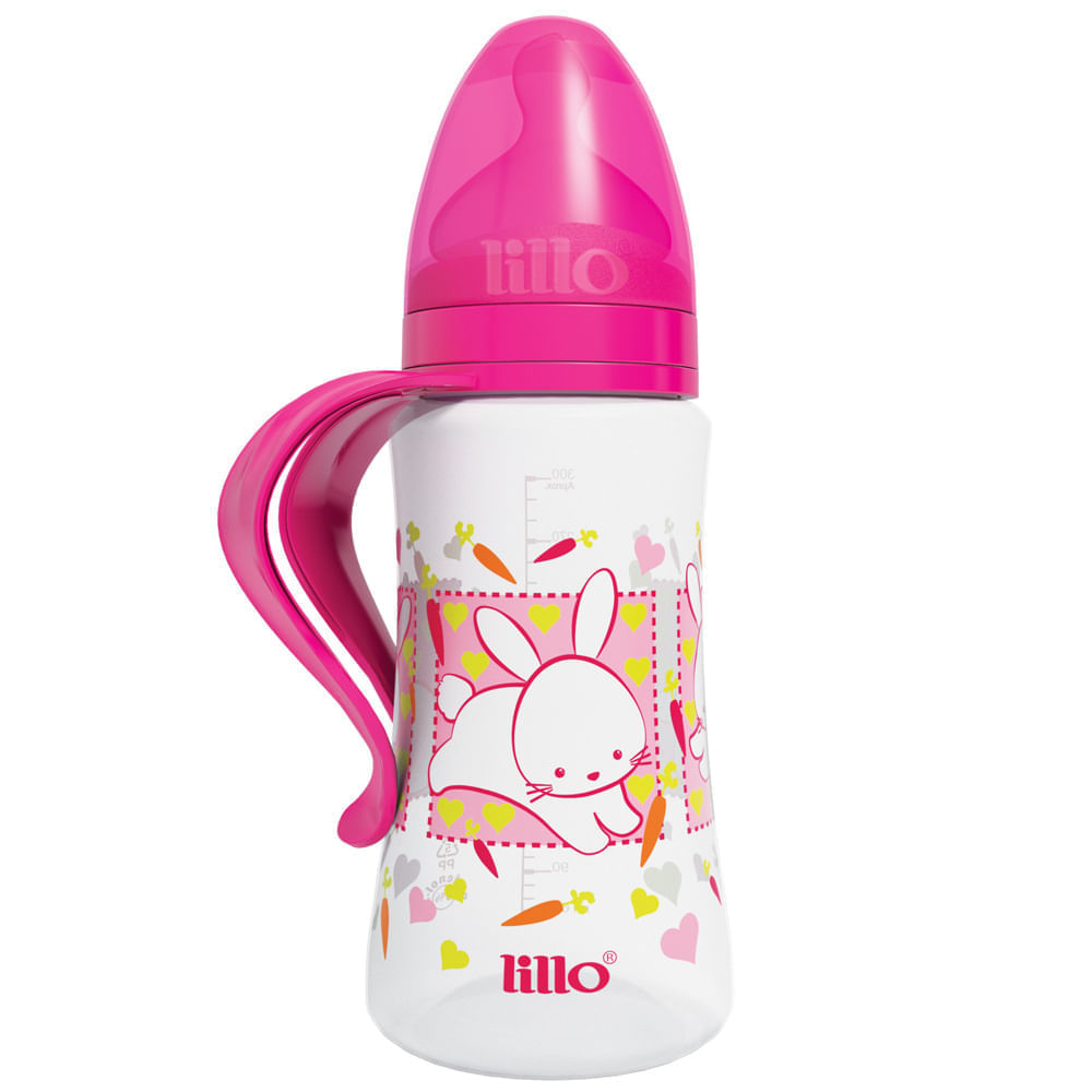 Encontraproduto.com.br - Mamadeira Lillo Desing Fashion Com Alça Bico Ortodôntico Silicone Rosa Tamanho 2 com 300ml
