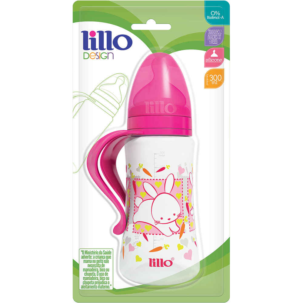 Encontraproduto.com.br - Mamadeira Lillo Desing Fashion Com Alça Bico Ortodôntico Silicone Rosa Tamanho 2 com 300ml