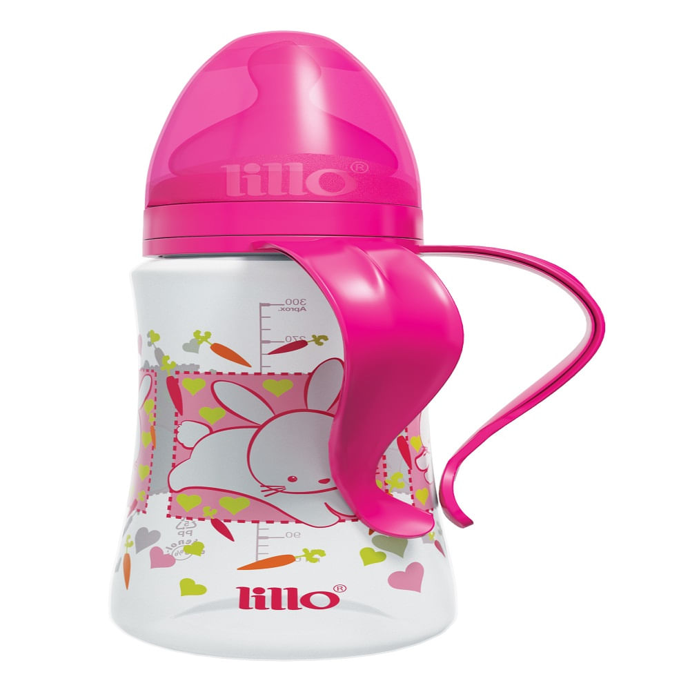 Encontraproduto.com.br - Mamadeira Lillo Desing Fashion Com Alça Bico Ortodôntico Silicone Rosa Tamanho 2 com 300ml