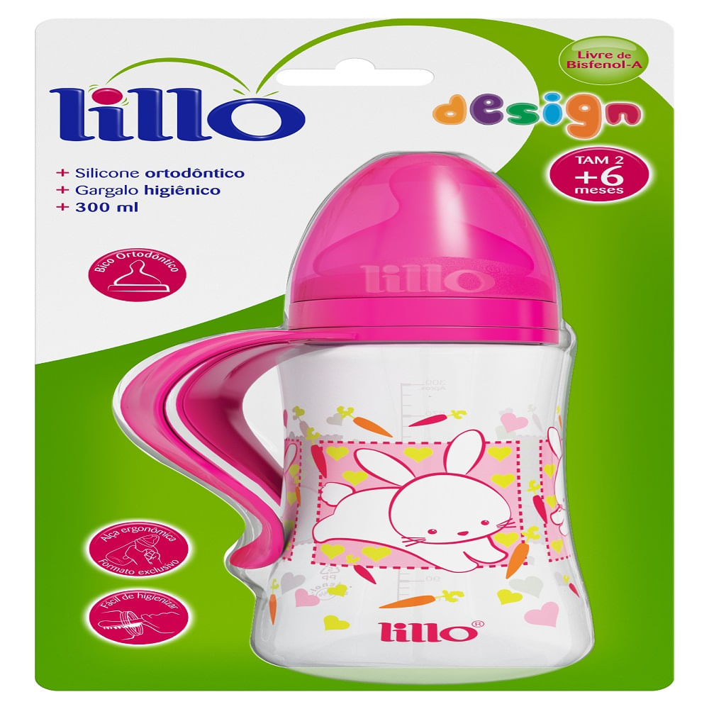 Encontraproduto.com.br - Mamadeira Lillo Desing Fashion Com Alça Bico Ortodôntico Silicone Rosa Tamanho 2 com 300ml