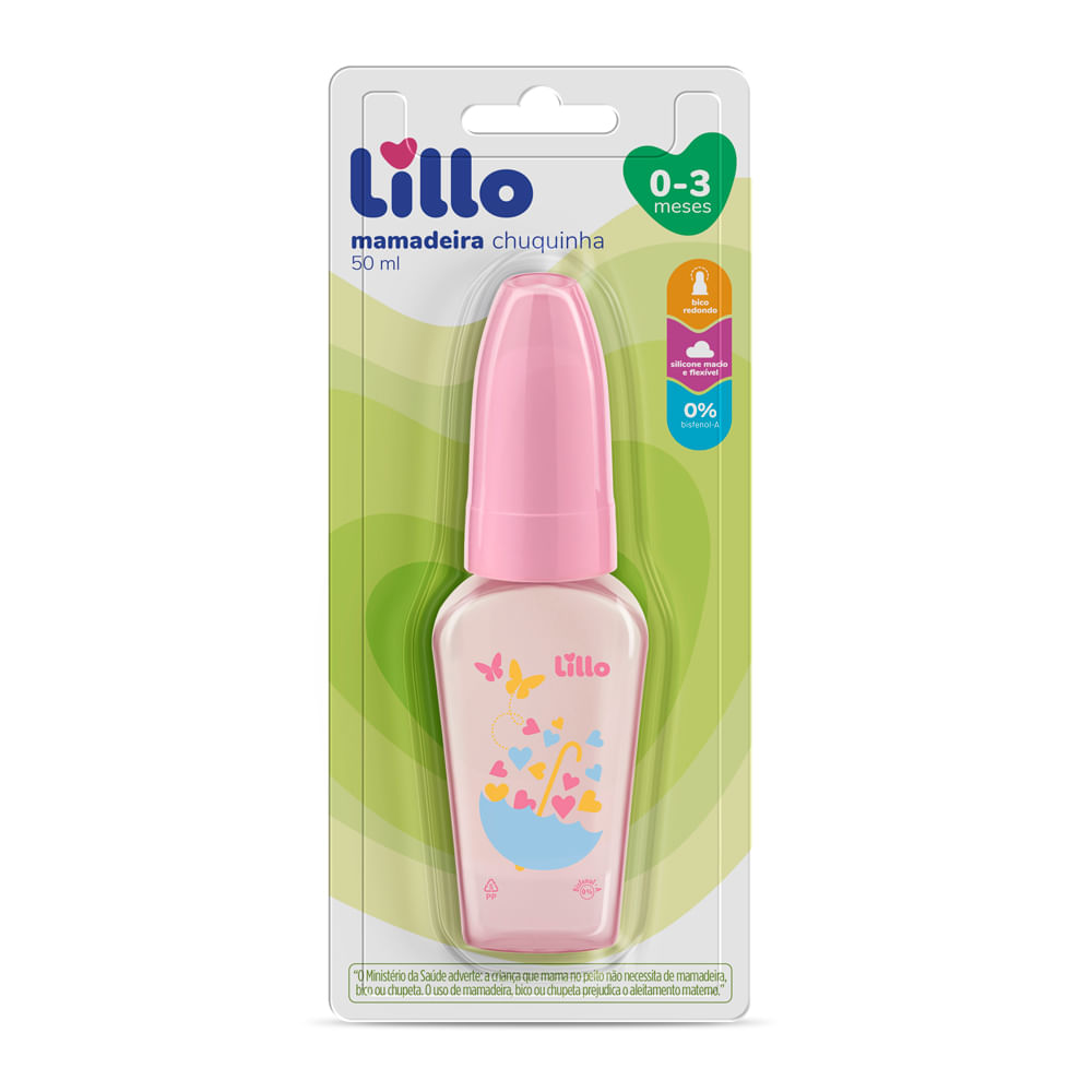 Encontraproduto.com.br - Mamadeira Lillo Chuquinha Primeiros Passos 50ml Bico Redondo Silicone Rosa