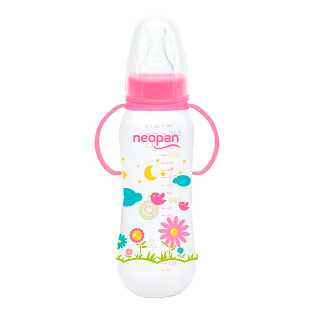 Encontraproduto.com.br - Mamadeira com Alça Rosa Neopan 250ml Ref.2002 Unidade