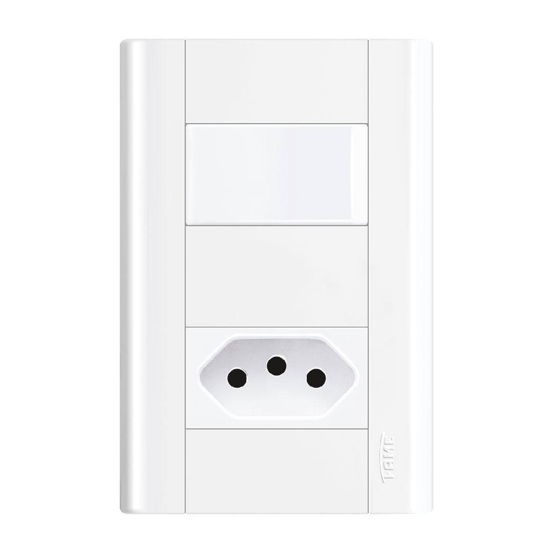 Encontraproduto.com.br - Conjunto Interruptor/Tomada Modulare 1 Simples 1 2P+T Branco 10A Fame