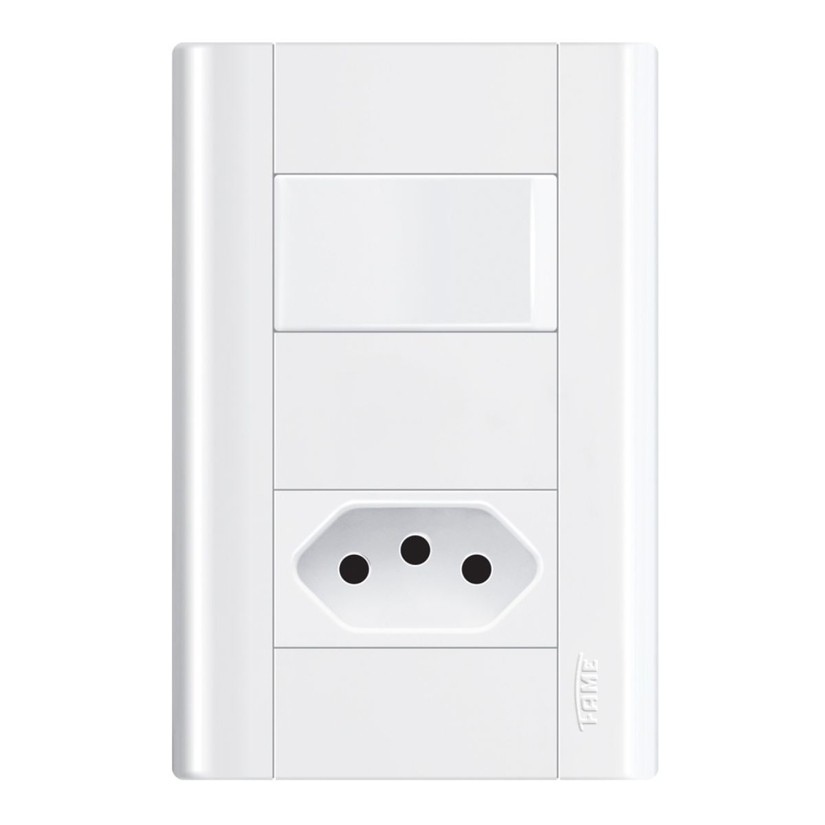 Encontraproduto.com.br - Conjunto Interruptor/Tomada Modulare 1 Simples 1 2P+T Branco 10A Fame
