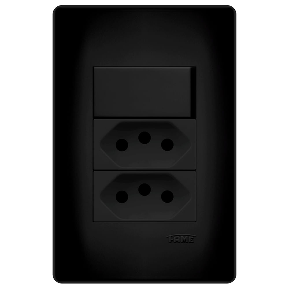 Encontraproduto.com.br - Interruptor Simples e Tomada Dupla 2P+T 20A Fame Habitat Black com Placa 4x2 Preto