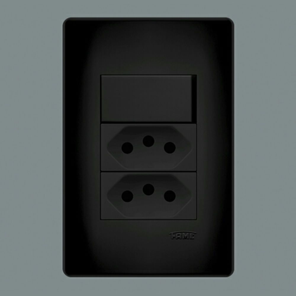 Encontraproduto.com.br - Interruptor Simples e Tomada Dupla 2P+T 20A Fame Habitat Black com Placa 4x2 Preto