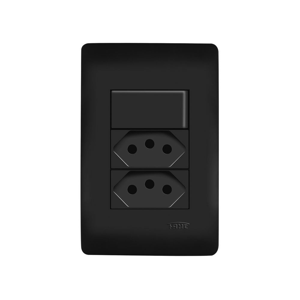 Encontraproduto.com.br - Interruptor Simples e Tomada Dupla 2P+T 20A Fame Habitat Black com Placa 4x2 Preto