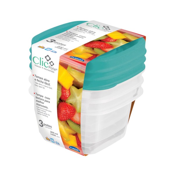 Encontraproduto.com.br - Pote Plástico Clic com 3 Peças 200Ml - 2885 - Plasutil