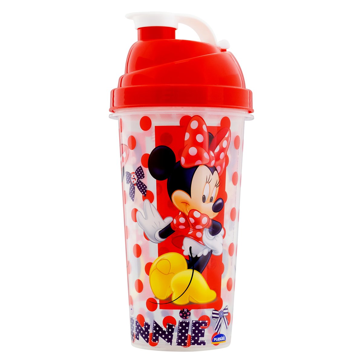 Encontraproduto.com.br - Shakeira Plástica com Tampa Rosca e Misturador 580Ml Minnie - 6901 - Plasutil