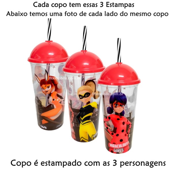 Encontraproduto.com.br - Copo Shake de Plástico com Tampa e Canudo Miraculous 500ml - PLASUTIL