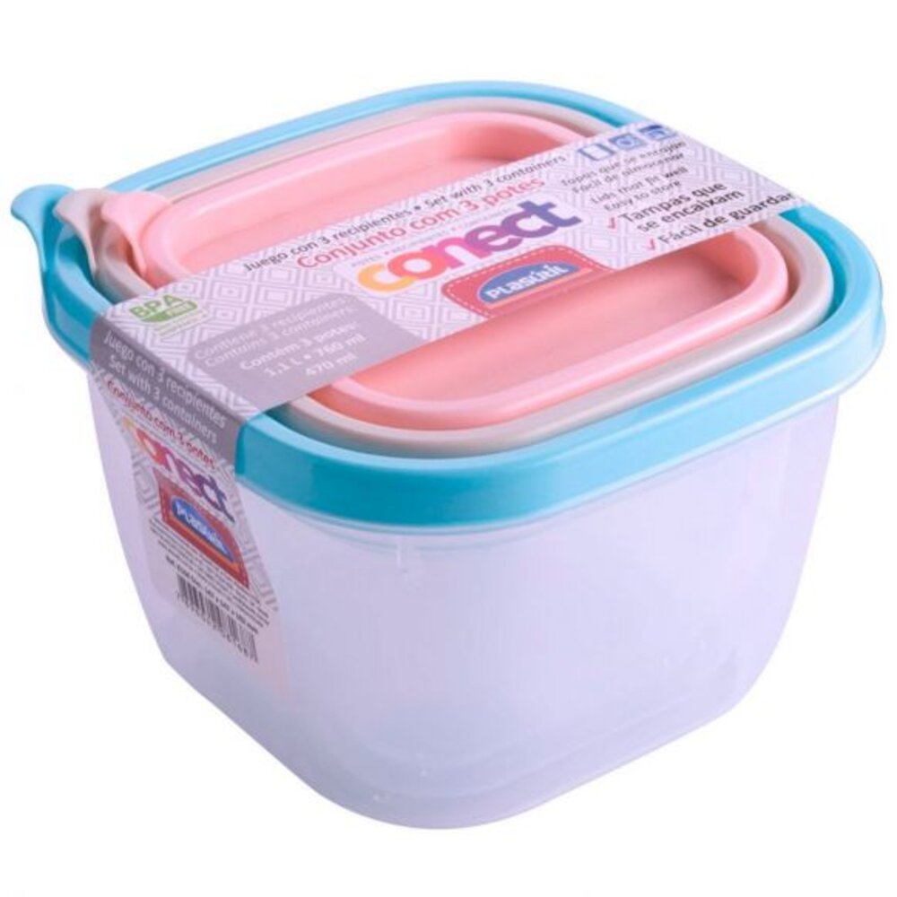 Encontraproduto.com.br - Kit 3 Potes Quadrados Sort 1,1 Plasutil