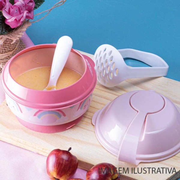 Encontraproduto.com.br - Pote papinha com amassador e colher 300mls Ursa Rosa