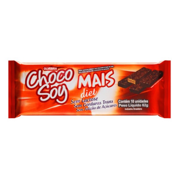 Encontraproduto.com.br - Wafer com Recheio e Cobertura de Chocolate à Base de Soja Diet Zero Lactose Choco Soy Mais Pacote 62g 10 Unidades