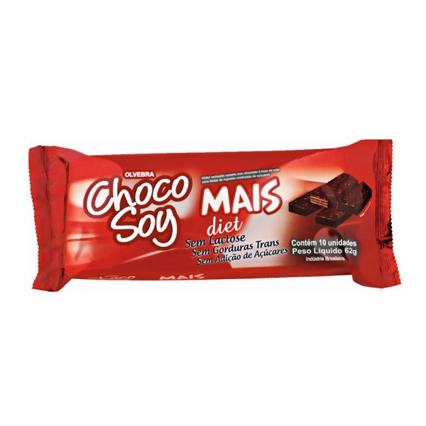 Encontraproduto.com.br - Wafer com Recheio e Cobertura de Chocolate à Base de Soja Diet Zero Lactose Choco Soy Mais Pacote 62g 10 Unidades