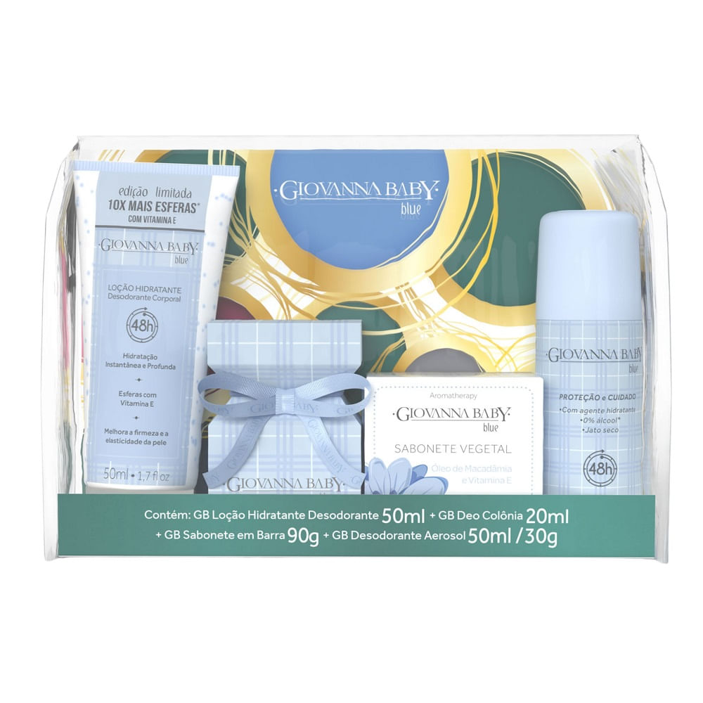Encontraproduto.com.br - Kit Giovanna Baby Blue Loção Hidratante Corporal 50ml + Deo Colônia 20ml + Sabonete Em Barra vegetal 90g + Desodorante Aerosol 50ml