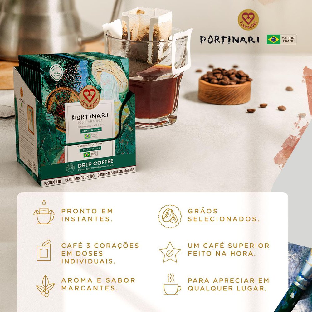 Encontraproduto.com.br - Café Torrado E Moído 3 Corações Drip Coffee Portinari Sachê 11g