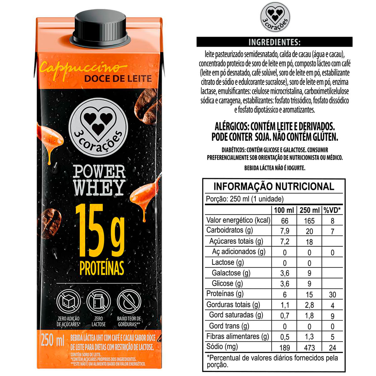 Encontraproduto.com.br - Bebida Láctea 3 Corações Power Whey Doce de Leite TP com 250ml
