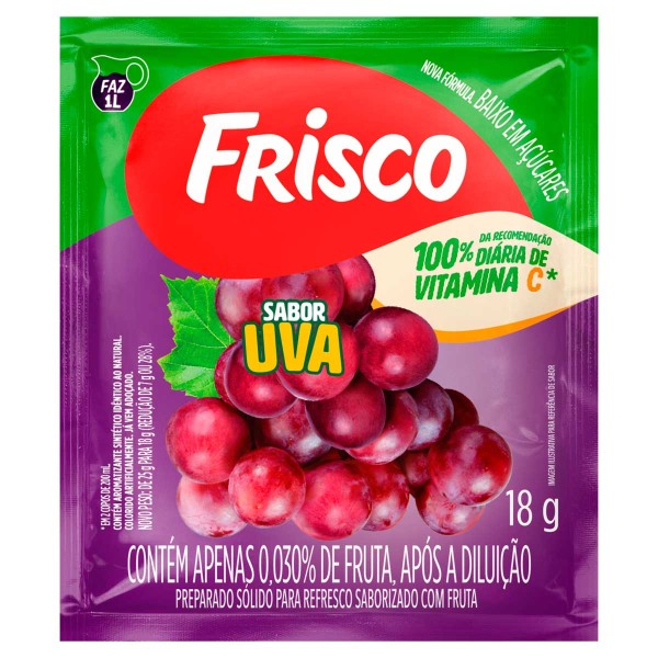 Preparado Sólido para Refresco em Pó Saborizado com Fruta Uva Frisco Pacote 18g