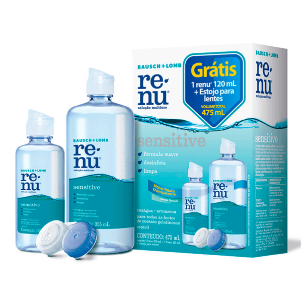 Encontraproduto.com.br - Solução para Lente de Contato Renu Sensitive Caixa 475ml Grátis 120ml e Estojo para Lentes