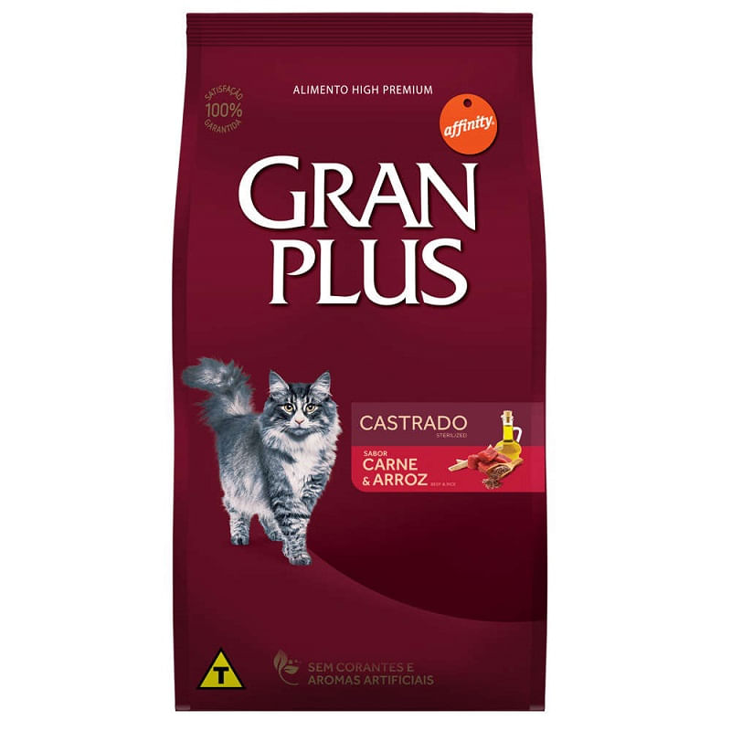 Ração Gran Plus Menu Gatos Adultos Castrados Sabor Carne e Arroz