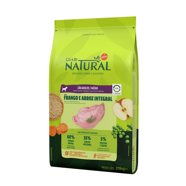 Ração Guabi Natural para Cães Adultos de Raças Médias sabor Frango & Arroz Integral 20Kg