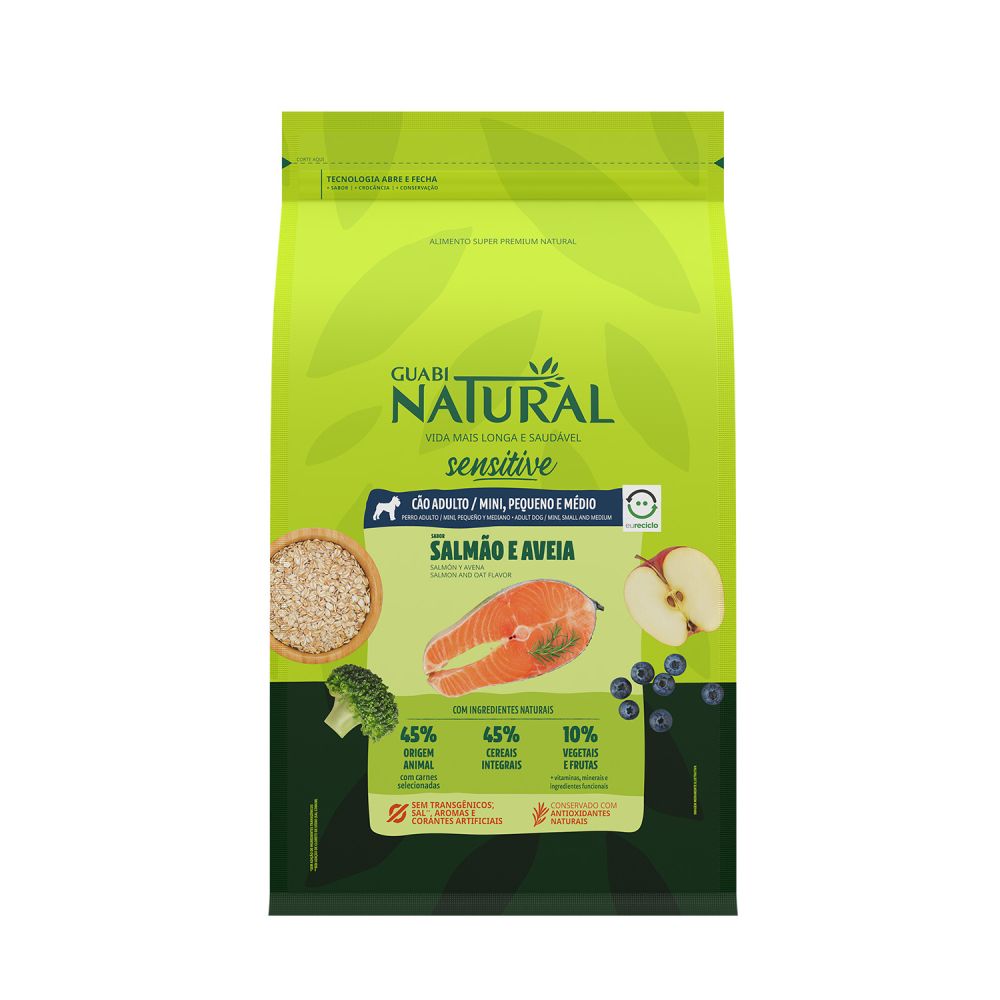 Ração Guabi Natural Cães Adultos Sensitive Raças Mini, Pequeno e Médio Salmão e Aveia