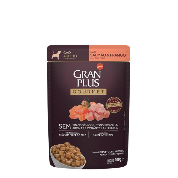 Encontraproduto.com.br - Ração Úmida GranPlus Gourmet Sahcê para Cães Adultos Sabor Salmão e Frango - 100g