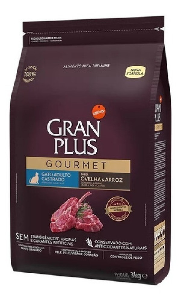 Ração GranPlus Gourmet para Gatos Adultos Castrados Sabor Ovelha e Arroz 3kg