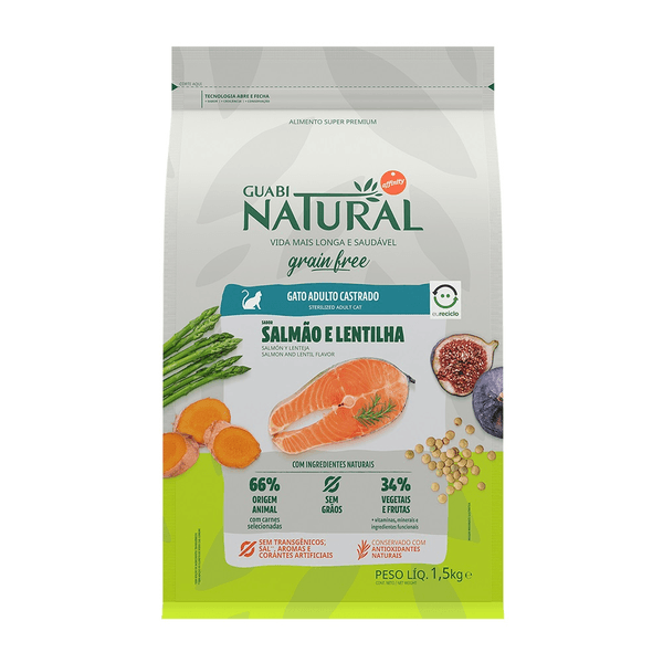 Ração Guabi Natural Grain Free Gatos Castrados Salmão e Lentilha