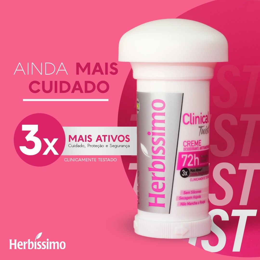 Encontraproduto.com.br - Kit Desodorante Twist Antitranspirante Herbíssimo Clinical Rosa 45G c/3 unidades