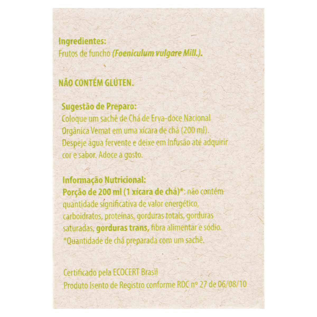 Encontraproduto.com.br - Chá Erva Doce Orgânico Vemat Sachê Caixa com 10 Unidades