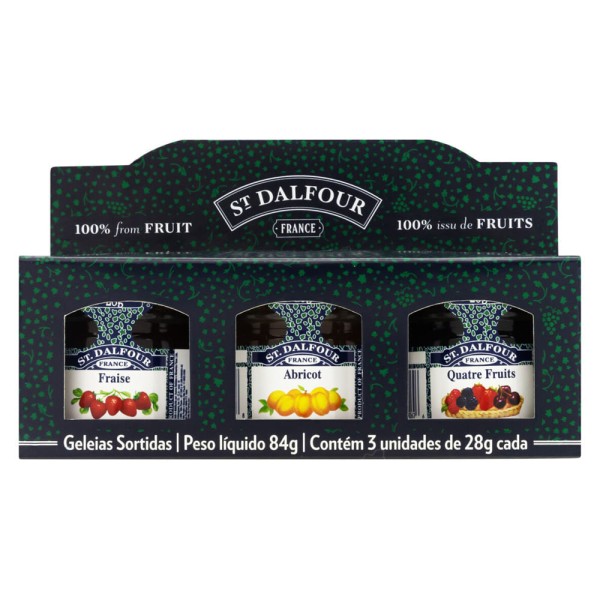 Encontraproduto.com.br - Geleia St Dalfour Mini Trio Morango, Frutas Vermelhas e Damasco 28g | Com 3 Unidades