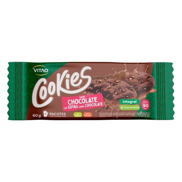 Biscoito Cookie com Gotas de Chocolate Vegano 43% Integral Chocolate Vitao Pacote 60g 3 Unidades