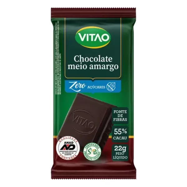 Chocolate Meio Amargo 55% Cacau Zero Açúcar Vitao Pacote 22g