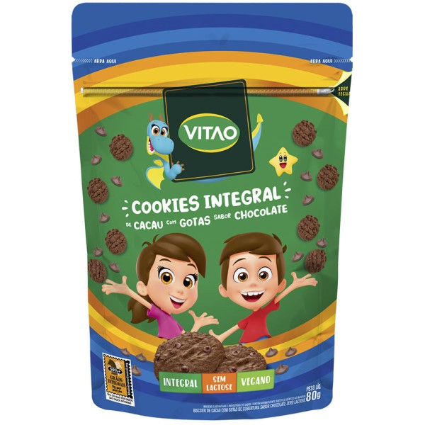 Encontraproduto.com.br - Cookies Vitao Kids Integral Zero Açúcar Cacau com Gotas de Chocolate Sem Glúten 80g