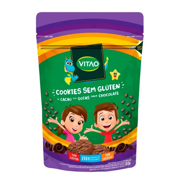 Encontraproduto.com.br - Cookies Vitao Kids Integral Zero Açúcar Cacau com Gotas de Chocolate Sem Glúten 80g