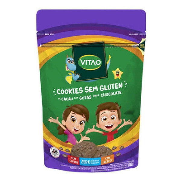 Encontraproduto.com.br - Cookies Vitao Kids Integral Zero Açúcar Cacau com Gotas de Chocolate Sem Glúten 80g
