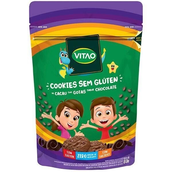 Encontraproduto.com.br - Cookies Vitao Kids Integral Zero Açúcar Cacau com Gotas de Chocolate Sem Glúten 80g