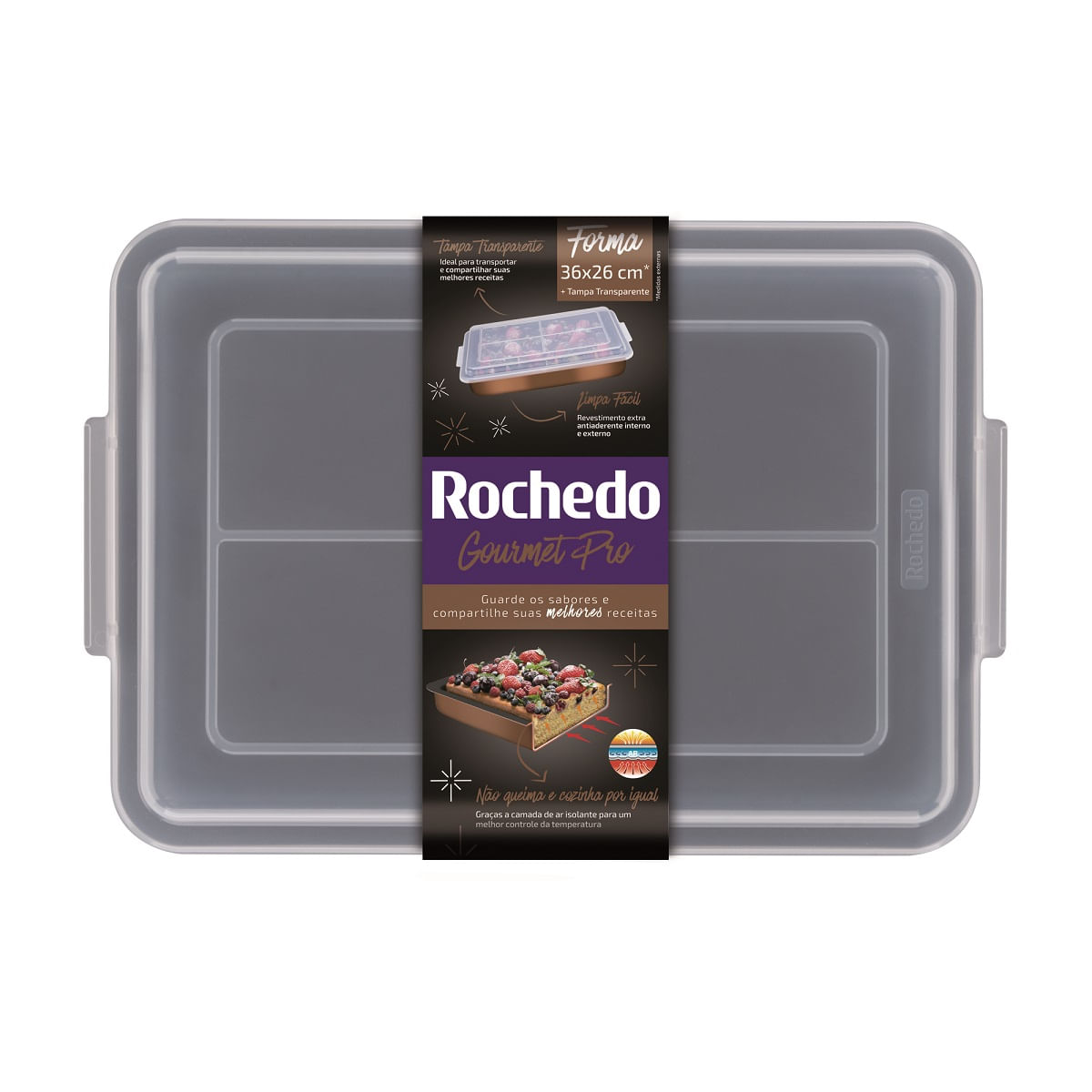 Encontraproduto.com.br - Forma Retangular Rochedo Gourmet Pro Revestida Antiaderente com Tampa