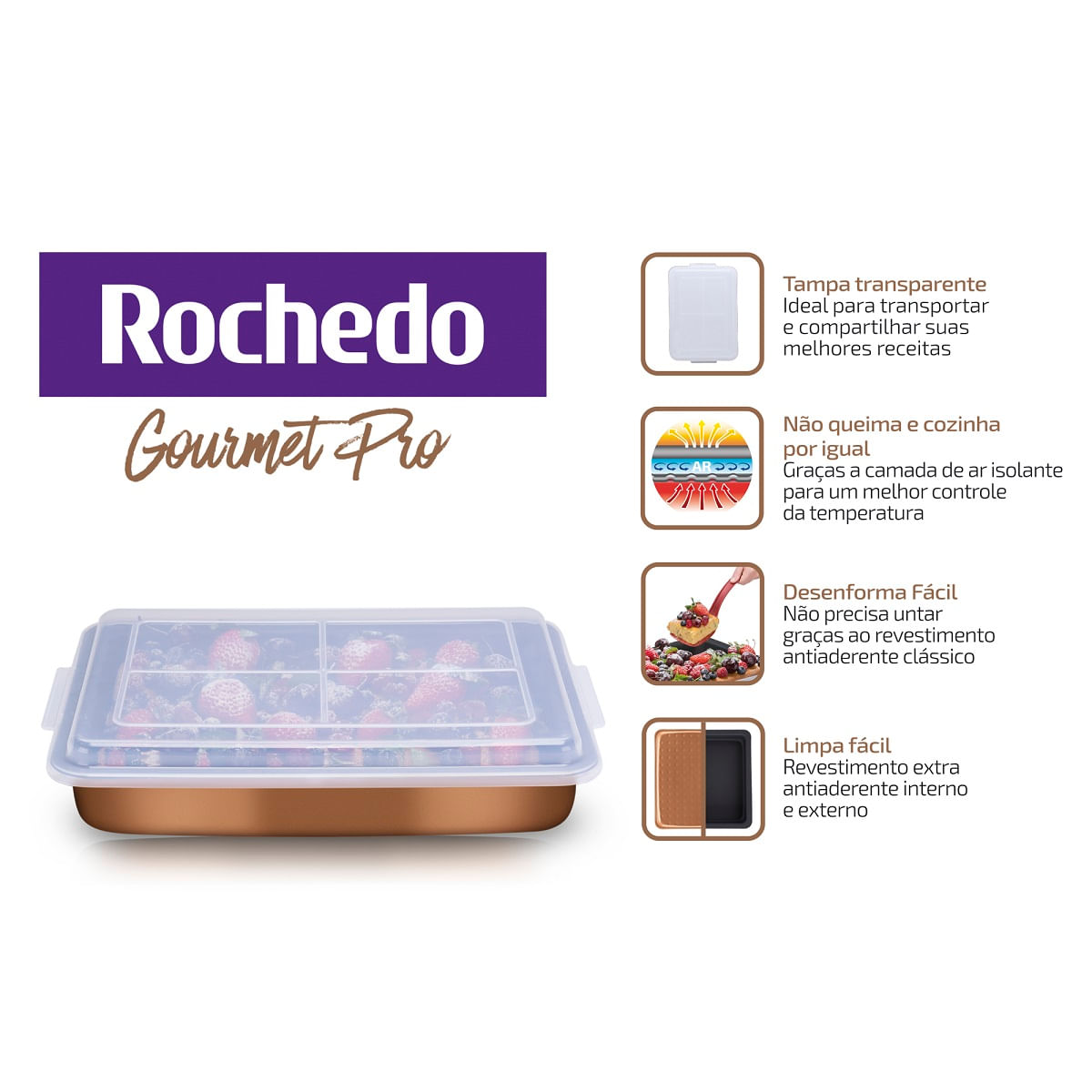 Encontraproduto.com.br - Forma Retangular Rochedo Gourmet Pro Revestida Antiaderente com Tampa