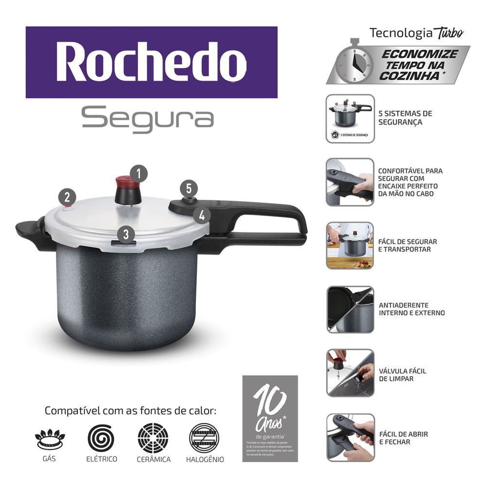 Encontraproduto.com.br - Panela de Pressão Rochedo Segura Fechamento Externo 4,5 Litros Grafite