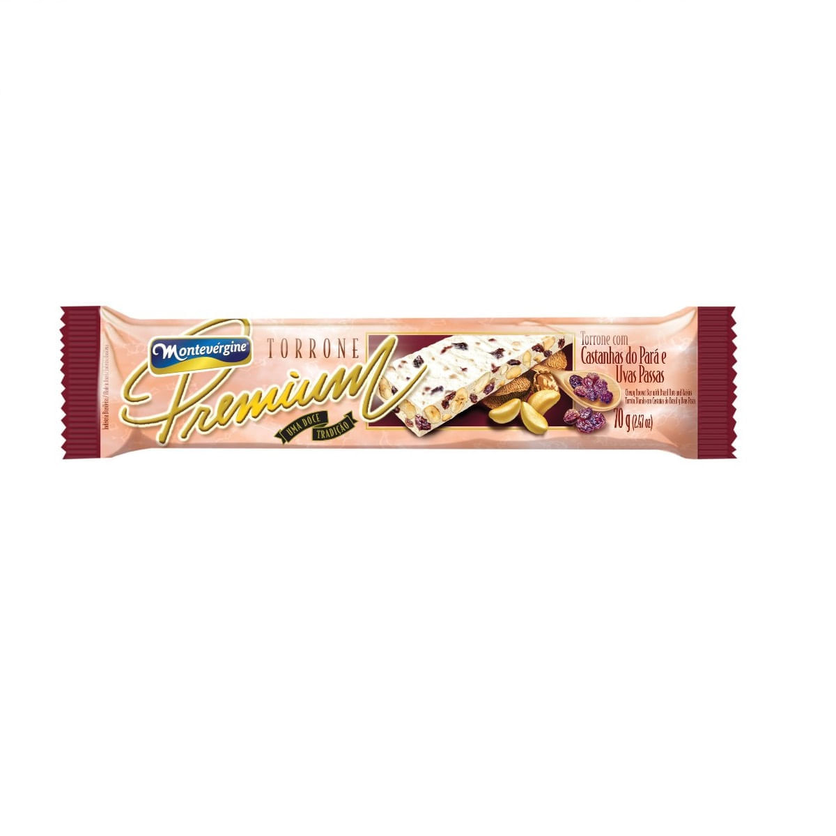 Encontraproduto.com.br - Torrone Premium com Castanhas do Pará e Uvas Passas Montevérgine com 70g