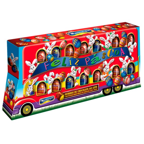 Encontraproduto.com.br - Ovinhos De Páscoa Montevérgine ônibus Chocolate Ao Leite Com Recheio Brigadeiro, Leite E Morango 110g
