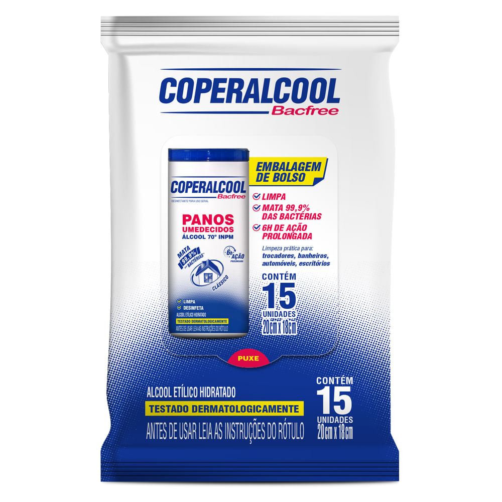 Encontraproduto.com.br - Pano Umedecido com Álcool 70° INPM Clássico Coperalcool Bacfree Pacote 15 Unidades