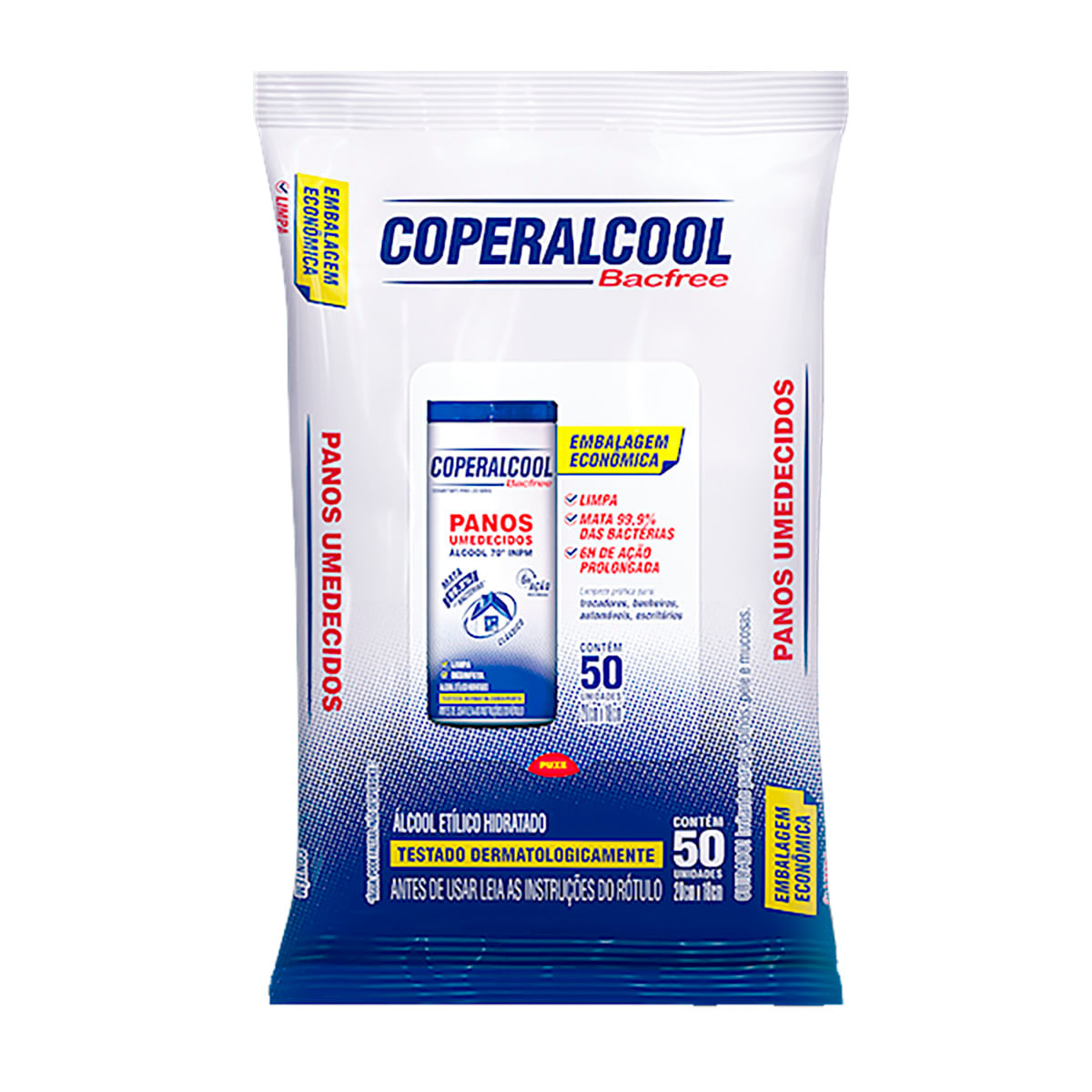 Encontraproduto.com.br - Pano Umedecido com Álcool 70° INPM Clássico Coperalcool Bacfree Pacote 50 Unidades Embalagem Econômica