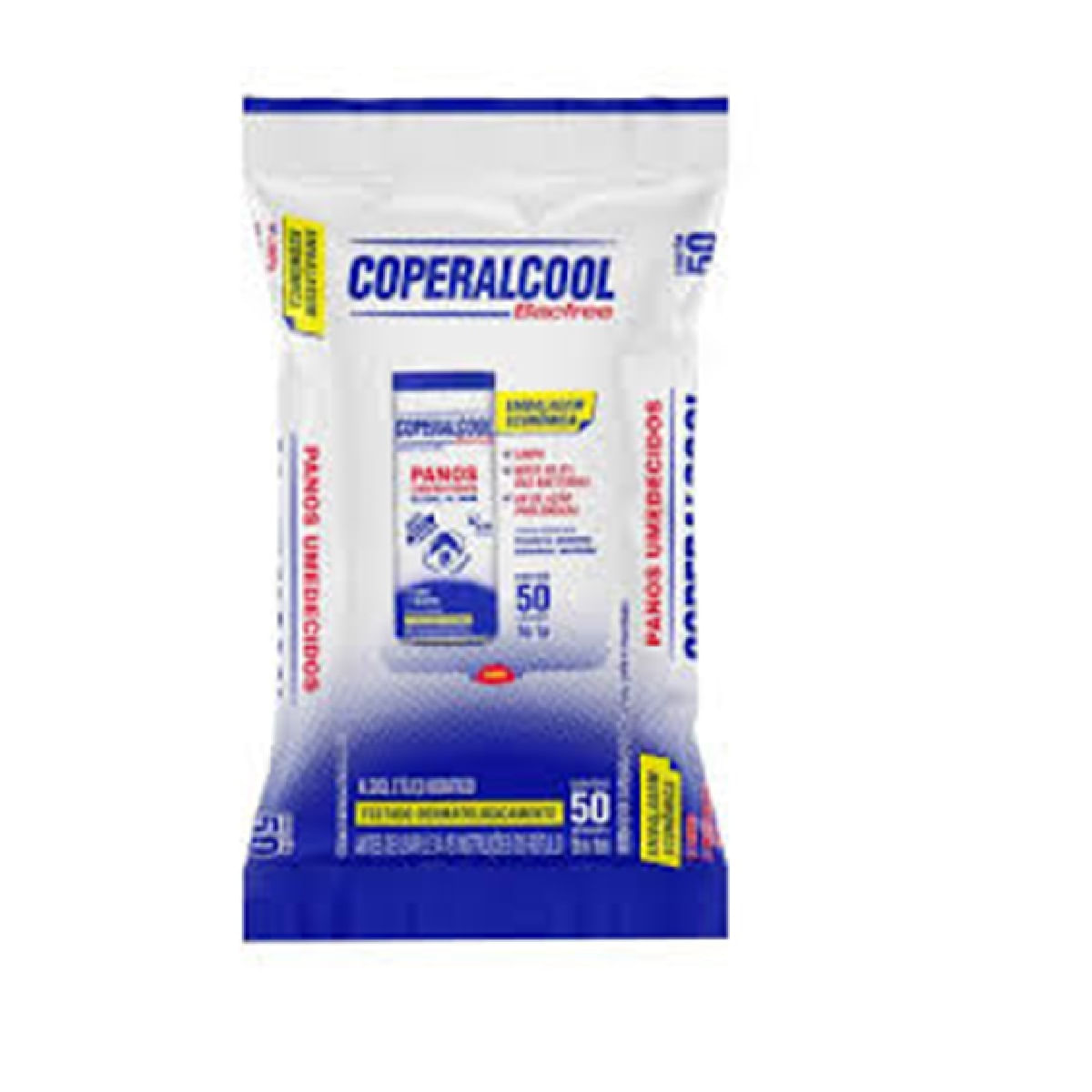 Encontraproduto.com.br - Pano Umedecido com Álcool 70° INPM Clássico Coperalcool Bacfree Pacote 50 Unidades Embalagem Econômica