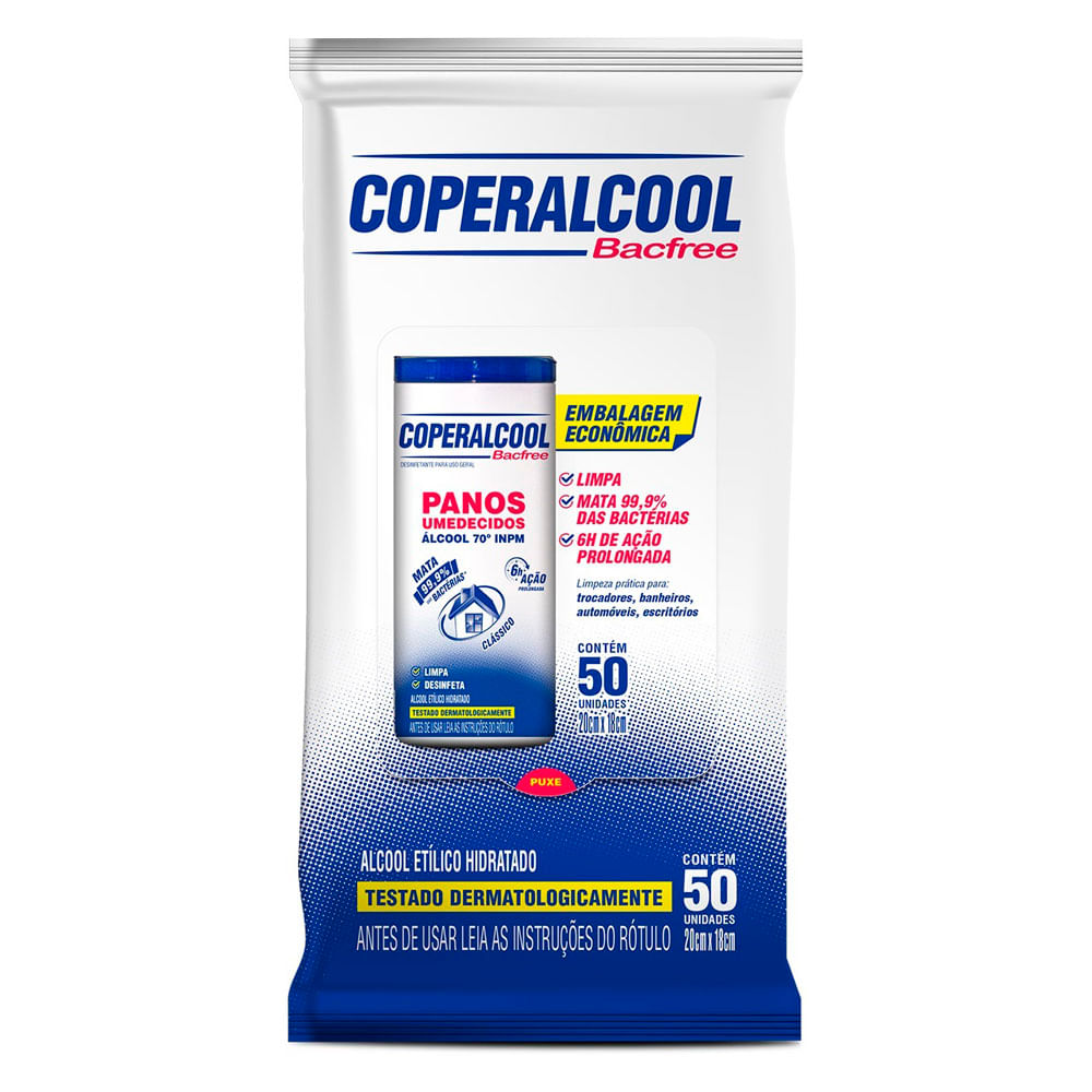 Encontraproduto.com.br - Pano Umedecido com Álcool 70° INPM Clássico Coperalcool Bacfree Pacote 50 Unidades Embalagem Econômica