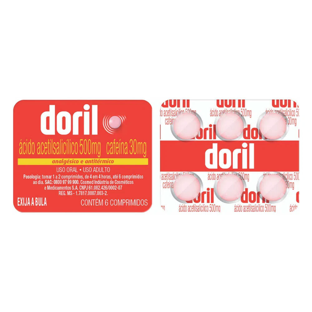 Doril Ácido Acetilsalicílico + Cafeína 500mg + 30mg - Cosmed - 6 comprimidos
