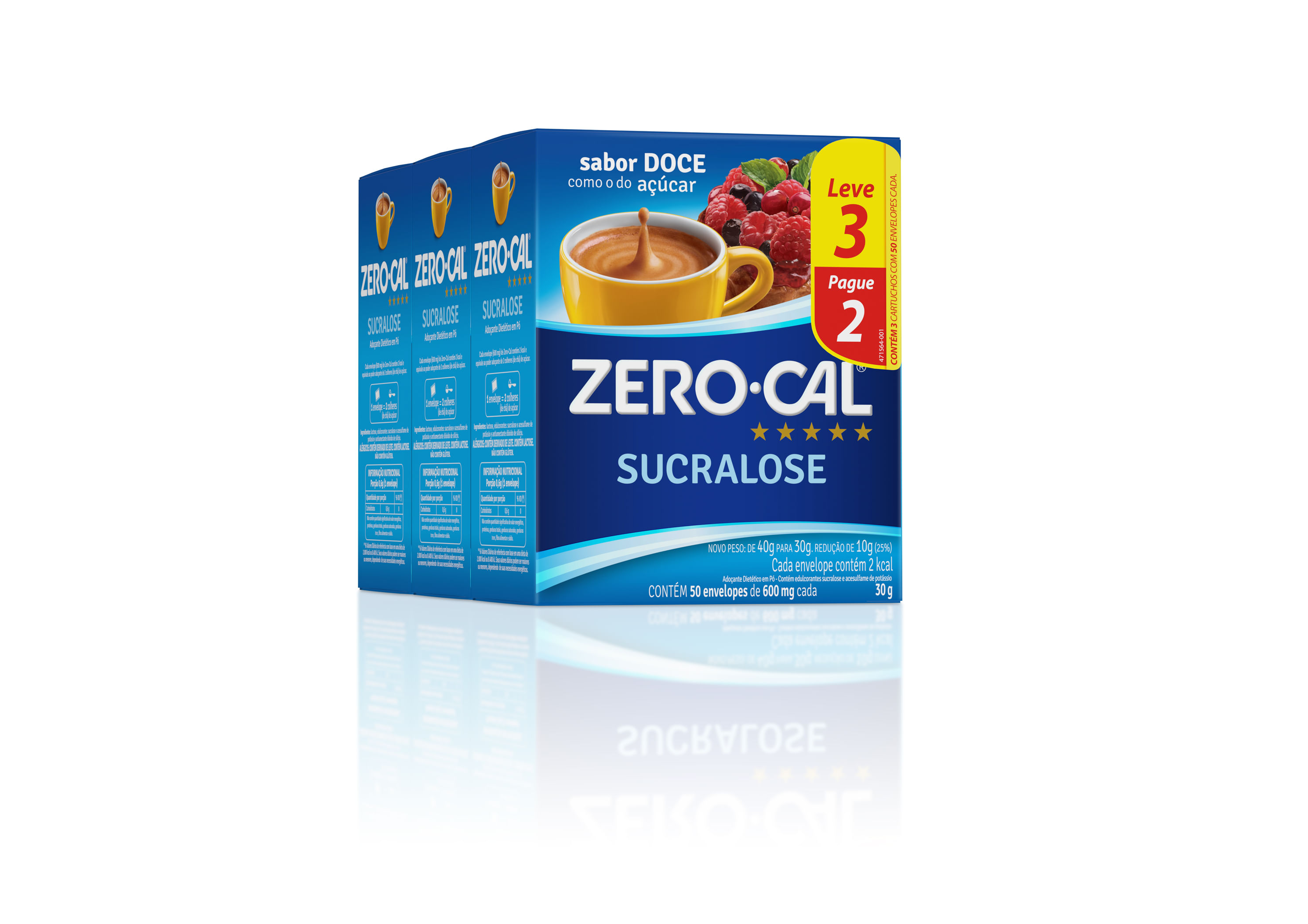 Encontraproduto.com.br - Adoçante em Pó Zero Cal Sucralose 3 Unidades com 50 Sachês de 600 mg Cada